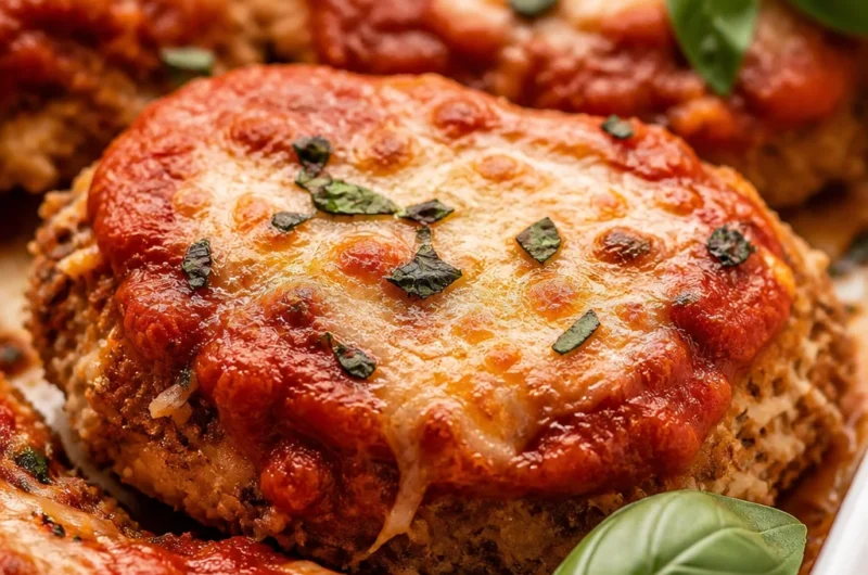 Delicious chicken parmesan served with rich tomato sauce and melted cheese