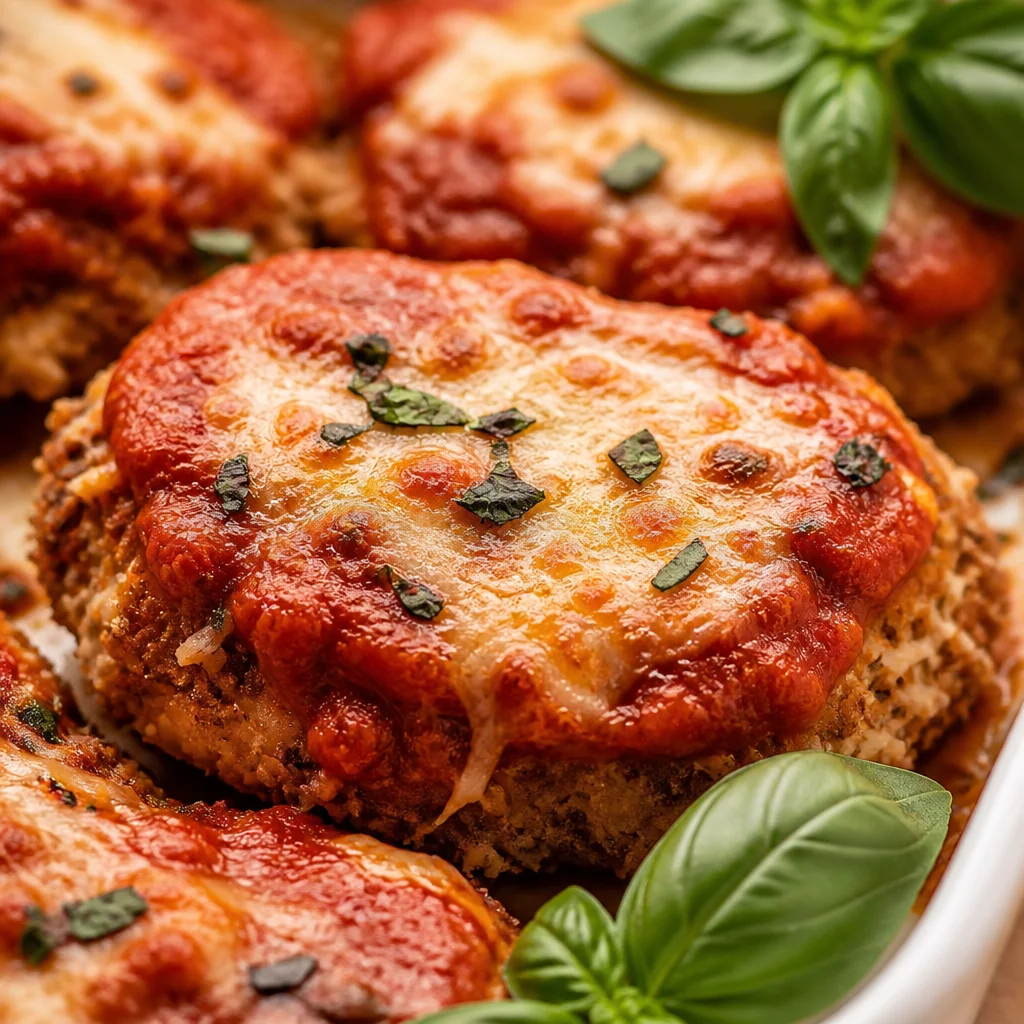 Delicious chicken parmesan served with rich tomato sauce and melted cheese