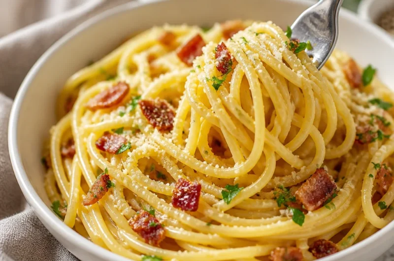Delicious plate of traditional spaghetti carbonara with guanciale and Pecorino Romano.