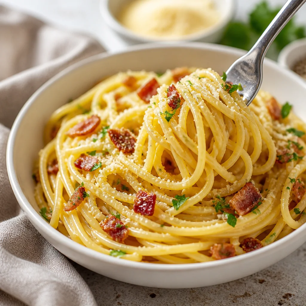 Delicious plate of traditional spaghetti carbonara with guanciale and Pecorino Romano.