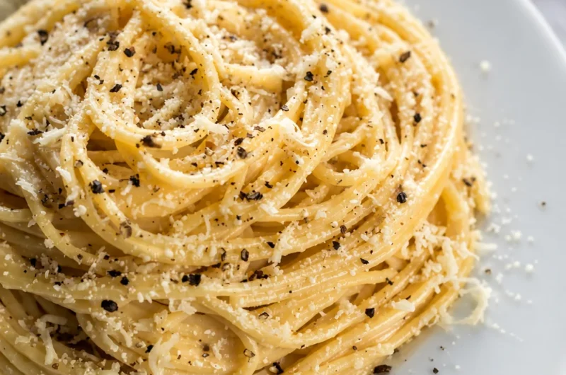 Plate of Cacio e Pepe pasta garnished with black pepper and grated Pecorino Romano cheese.