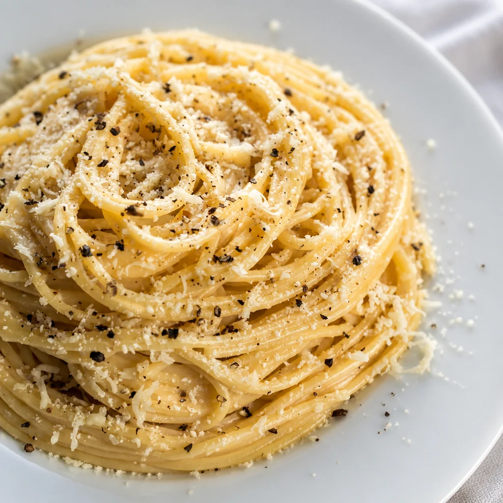 Plate of Cacio e Pepe pasta garnished with black pepper and grated Pecorino Romano cheese.