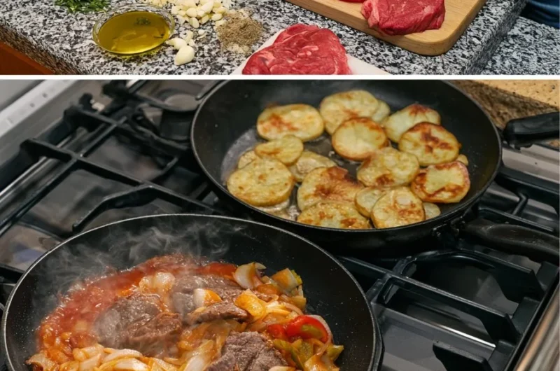 Delicious Bifes a la Portuguesa served with juicy potatoes