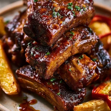 Delicious costillas al horno glazed with sauce and served with golden-brown potatoes.