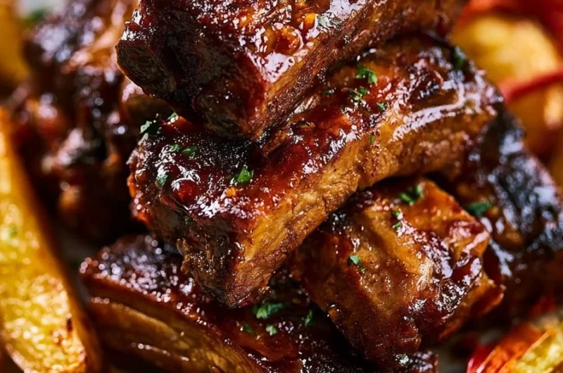 Delicious costillas al horno glazed with sauce and served with golden-brown potatoes.