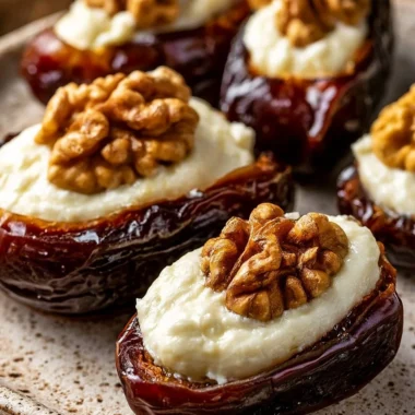 Stuffed dates with cream cheese and walnuts ready to serve on a plate.
