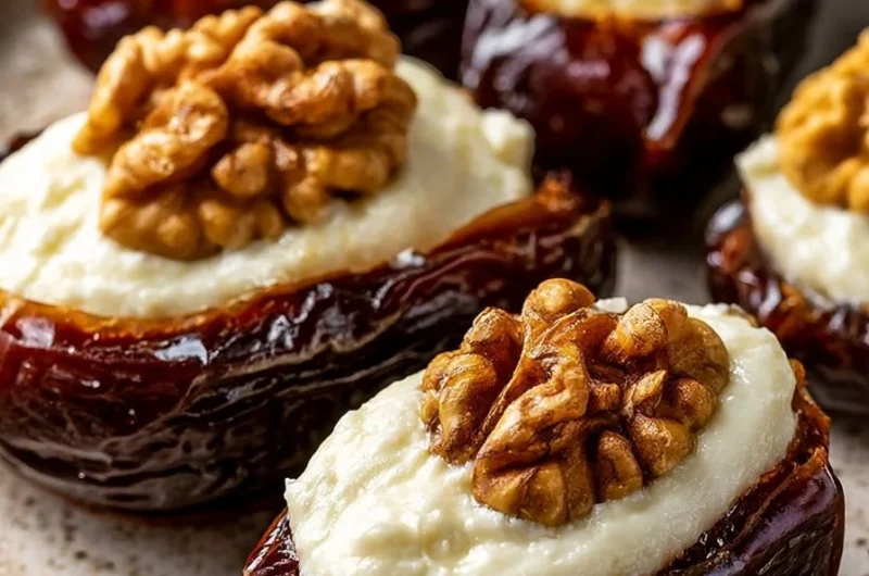 Stuffed dates with cream cheese and walnuts ready to serve on a plate.
