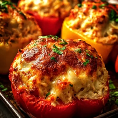 Creamy chicken stuffed peppers with colorful bell peppers filled with chicken mix