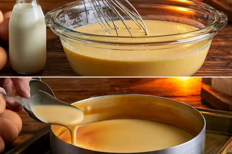 Delicious creamy flan topped with caramel sauce on a white plate