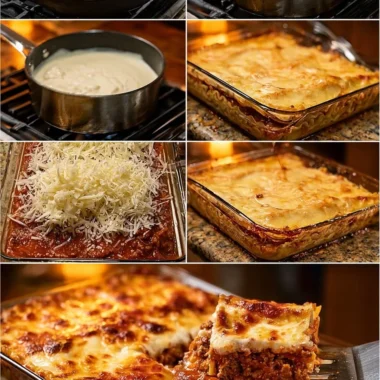 Creamy homemade lasagna fresh out of the oven, layered with cheese and sauce.