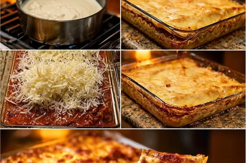 Creamy homemade lasagna fresh out of the oven, layered with cheese and sauce.