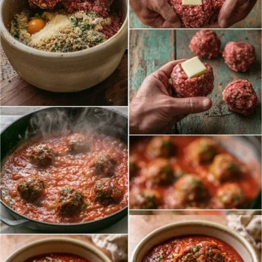 Creamy mozzarella stuffed meatballs in rich tomato sauce