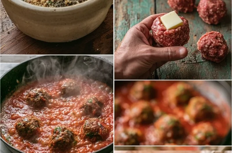 Creamy mozzarella stuffed meatballs in rich tomato sauce