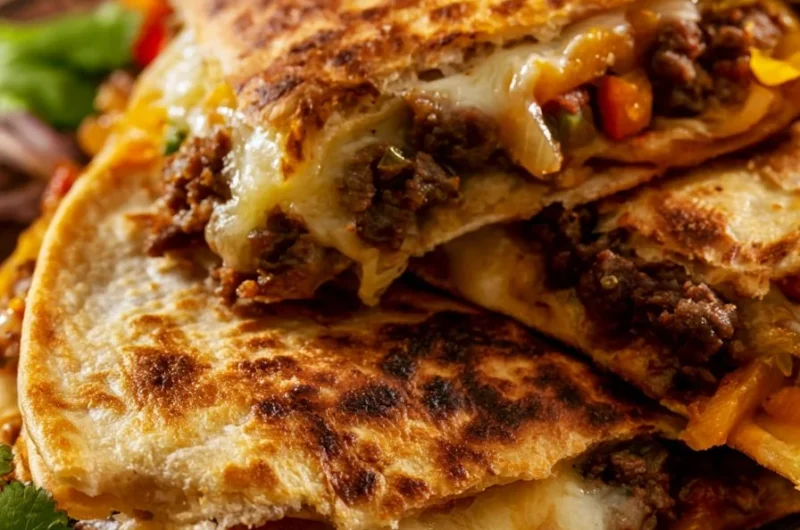 Crispy beef quesadillas filled with cheese on a plate