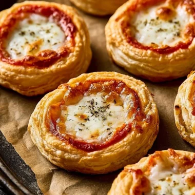 Crispy cheese puff pastry mini pizzas topped with cheese and fresh ingredients
