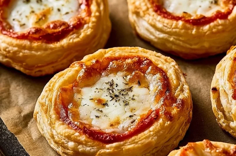 Crispy cheese puff pastry mini pizzas topped with cheese and fresh ingredients