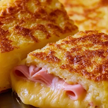 Crispy ham and cheese potato omelette served on a plate with fresh herbs