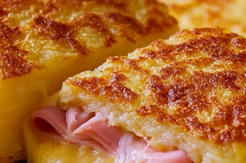 Crispy ham and cheese potato omelette served on a plate with fresh herbs