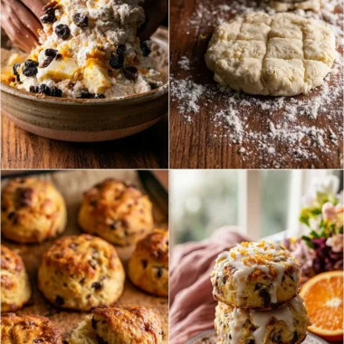 Crispy orange raisin scones fresh out of the oven, perfect for breakfast.