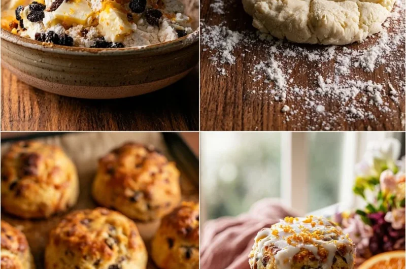 Crispy orange raisin scones fresh out of the oven, perfect for breakfast.