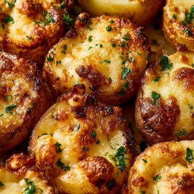 Crispy smashed potatoes garnished with cheese and garlic