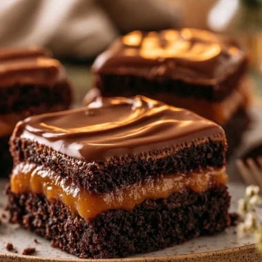 Delicious Chocolate Dulce de Leche Squares with creamy fudge topping