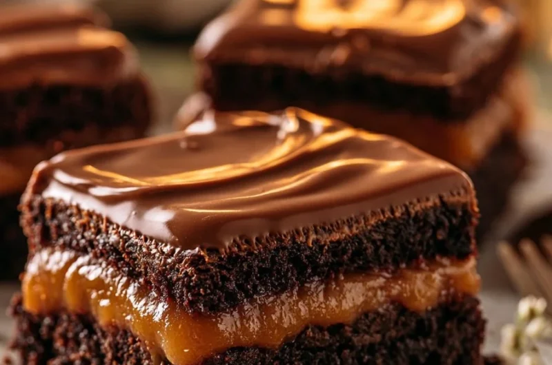 Delicious Chocolate Dulce de Leche Squares with creamy fudge topping