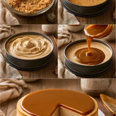 Slice of easy Dulce de Leche Cheesecake with caramel drizzle on top.