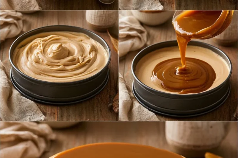 Slice of easy Dulce de Leche Cheesecake with caramel drizzle on top.