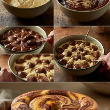 Fluffy marble sponge cake topped with cream and chocolate swirls.