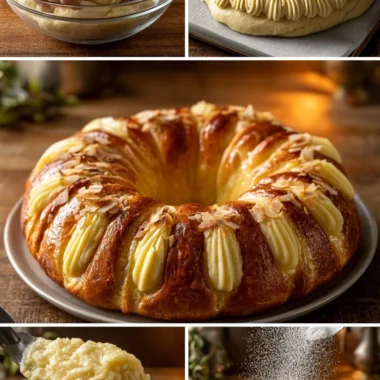 Fluffy ring pastry dessert with cream and almond toppings