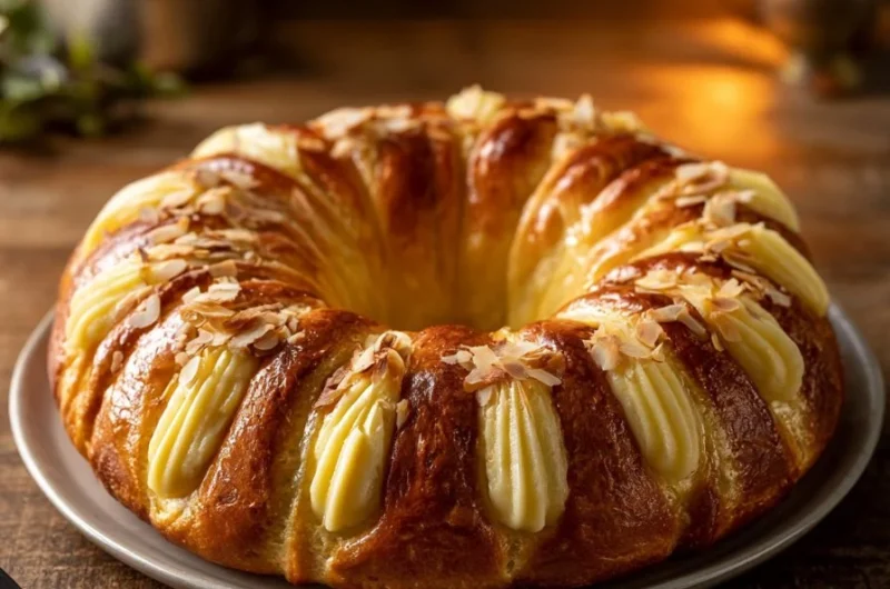 Fluffy ring pastry dessert with cream and almond toppings