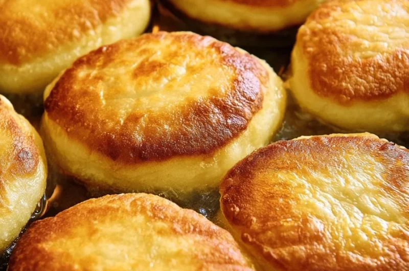 Golden yogurt fritters served on a plate with a dipping sauce