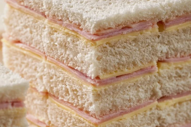 Homemade miga sandwiches filled with fresh ingredients on a rustic wooden board.