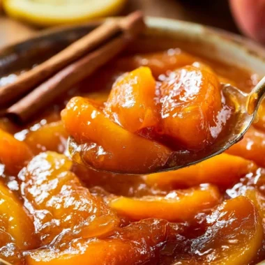 Homemade peach compote with honey and lemon in a jar