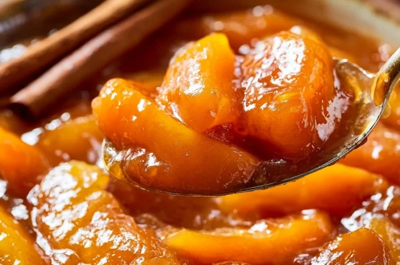 Homemade peach compote with honey and lemon in a jar
