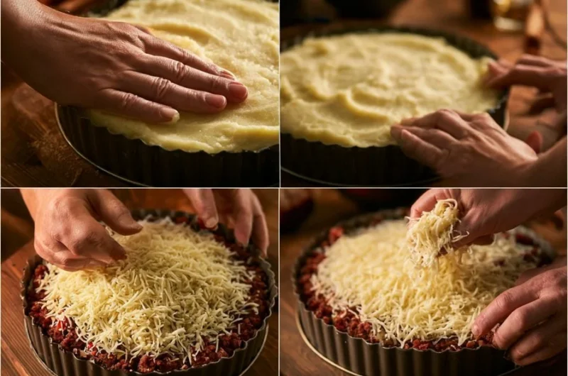 Juicy Filling Upside-Down Potato Cake topped with flavorful ingredients.