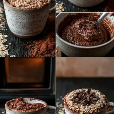 Quick oats cocoa mug cake served in a mug