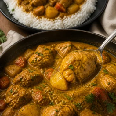 Plate of authentic Jamaican Curry Chicken with spices and herbs