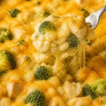 Delicious cheesy broccoli chicken and rice casserole served in a baking dish