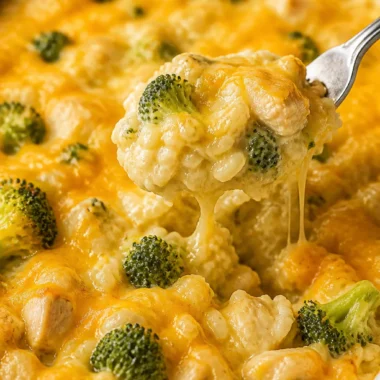 Delicious cheesy broccoli chicken and rice casserole served in a baking dish