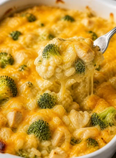 Delicious cheesy broccoli chicken and rice casserole served in a baking dish