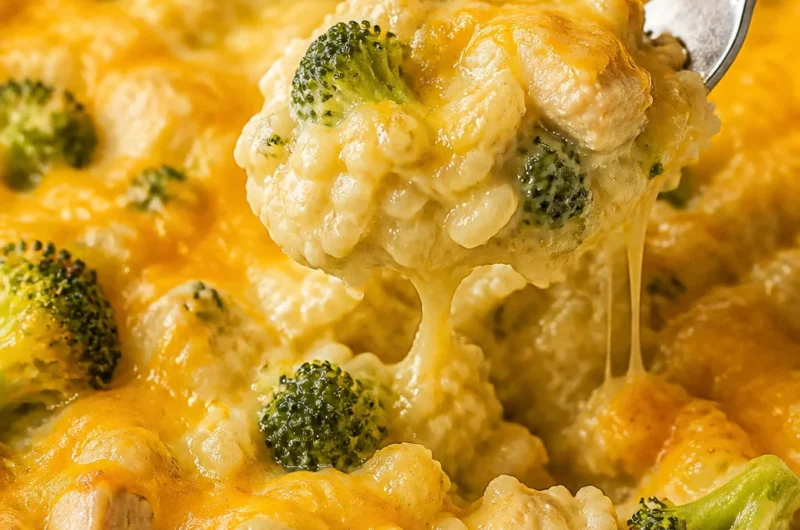 Delicious cheesy broccoli chicken and rice casserole served in a baking dish