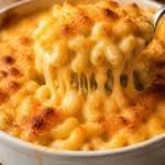 Creamy baked macaroni and cheese served in a dish