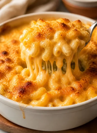 Creamy baked macaroni and cheese served in a dish