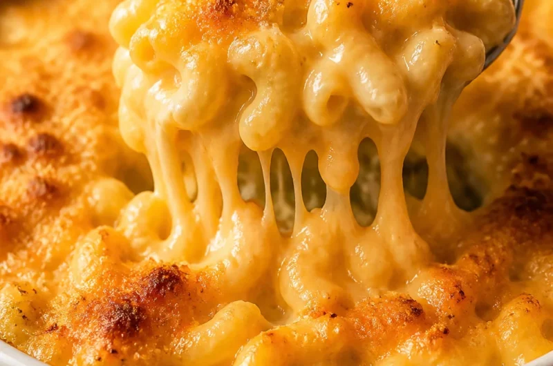 Creamy baked macaroni and cheese served in a dish