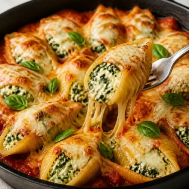 Delicious spinach ricotta stuffed shells dish, ready to be served for a comforting meal.