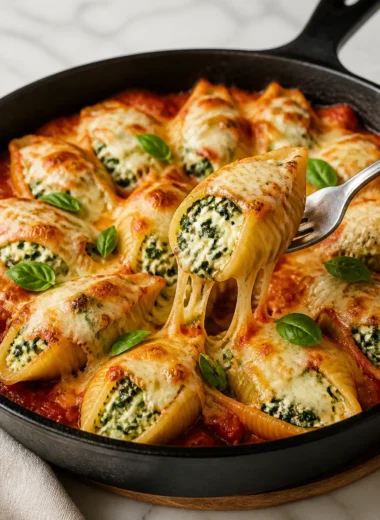 Delicious spinach ricotta stuffed shells dish, ready to be served for a comforting meal.