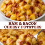 Delicious ham and bacon cheesy potatoes served as a perfect side dish