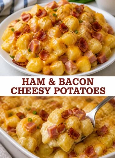 Delicious ham and bacon cheesy potatoes served as a perfect side dish